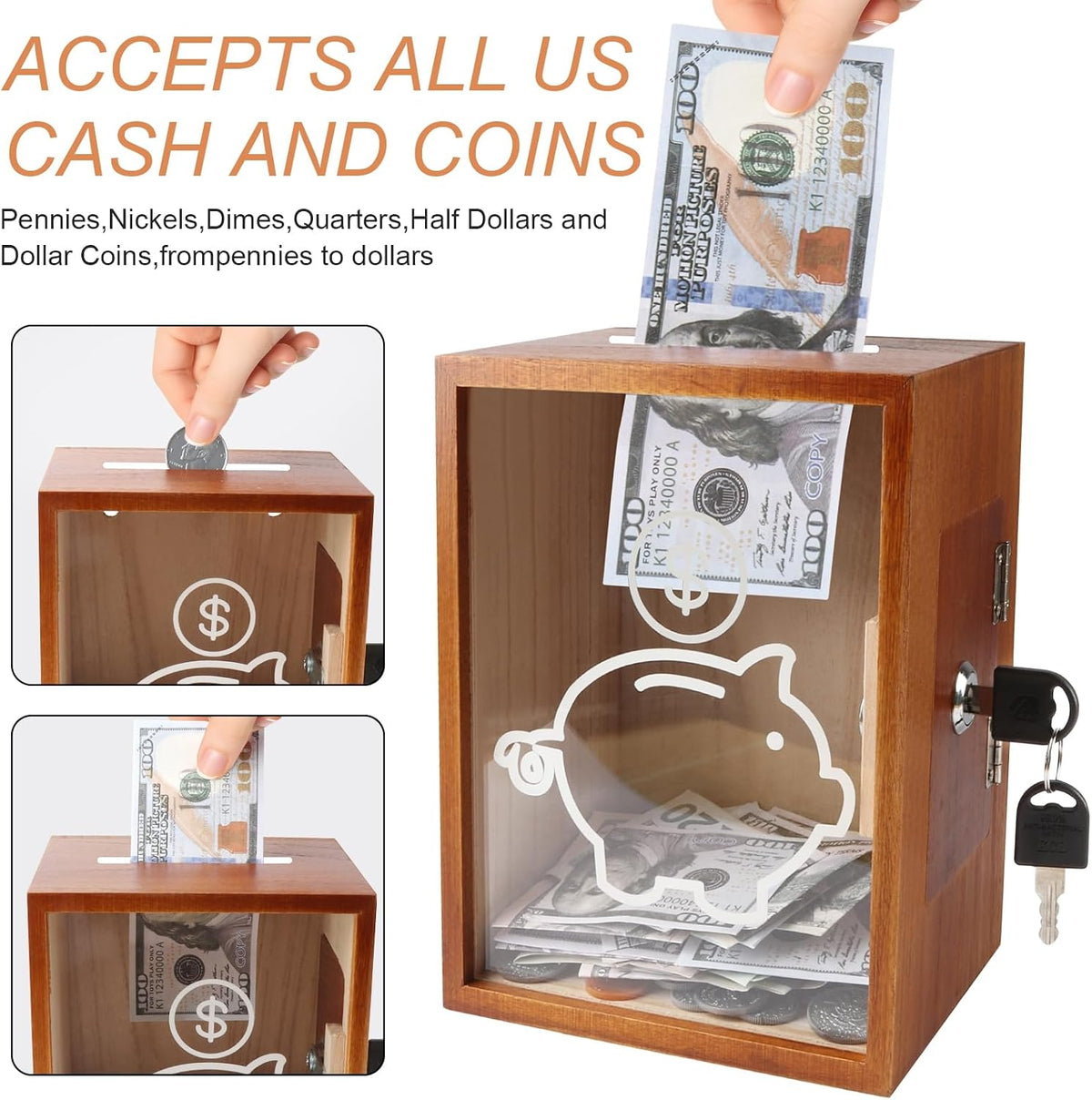 Clear Piggy Bank with Lock, Large Money Saving Jar Money Bank Box Container for Cash Saving, Openable Clear Money Coin Change Bank Jar Container Penny Piggy Jar Bank for Adults Kids, Brown