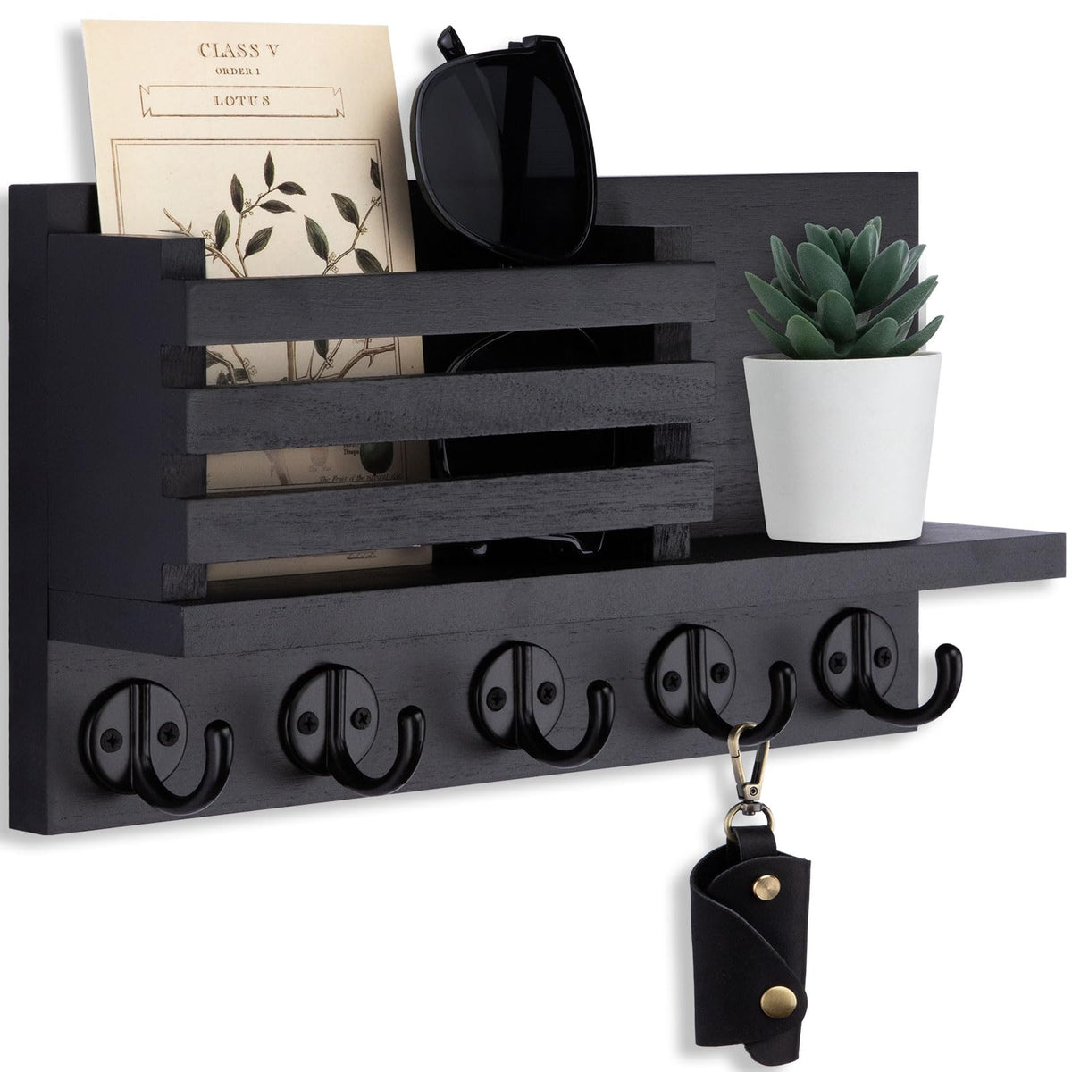 Lwenki Key Holder for Wall – Decorative Wooden Mail Holder and Key Shelf with Mounting Hardware, Installation Guide – Paulownia Wood with Metal Key Hooks (Brown, Large - 11.8inch)