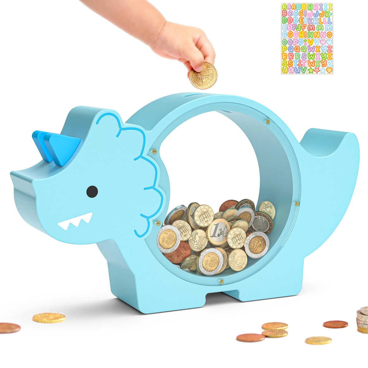 Summidate Wooden Dinosaur Piggy Bank, Large Clear Money Bank for Kids Boys