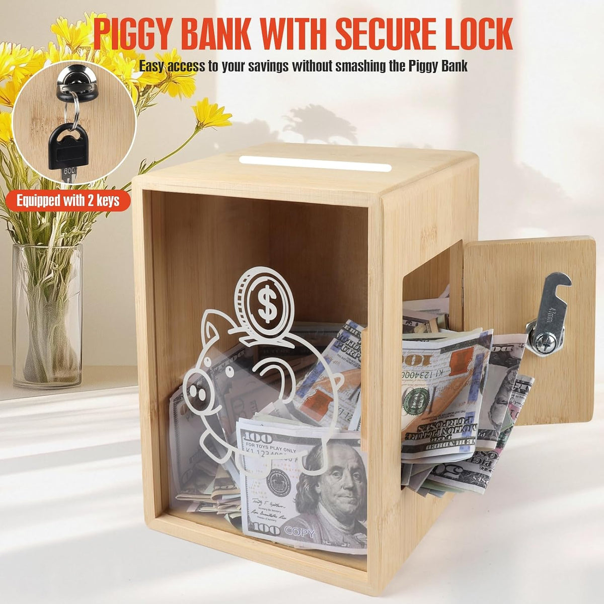 Piggy Bank with Lock, Openable Money Saving Box Bank Money Container Holder Jar for Cash Saving, Large Clear Saving Change Coin Jar Cash Box Money Penny Bank Vault for Adults Saver