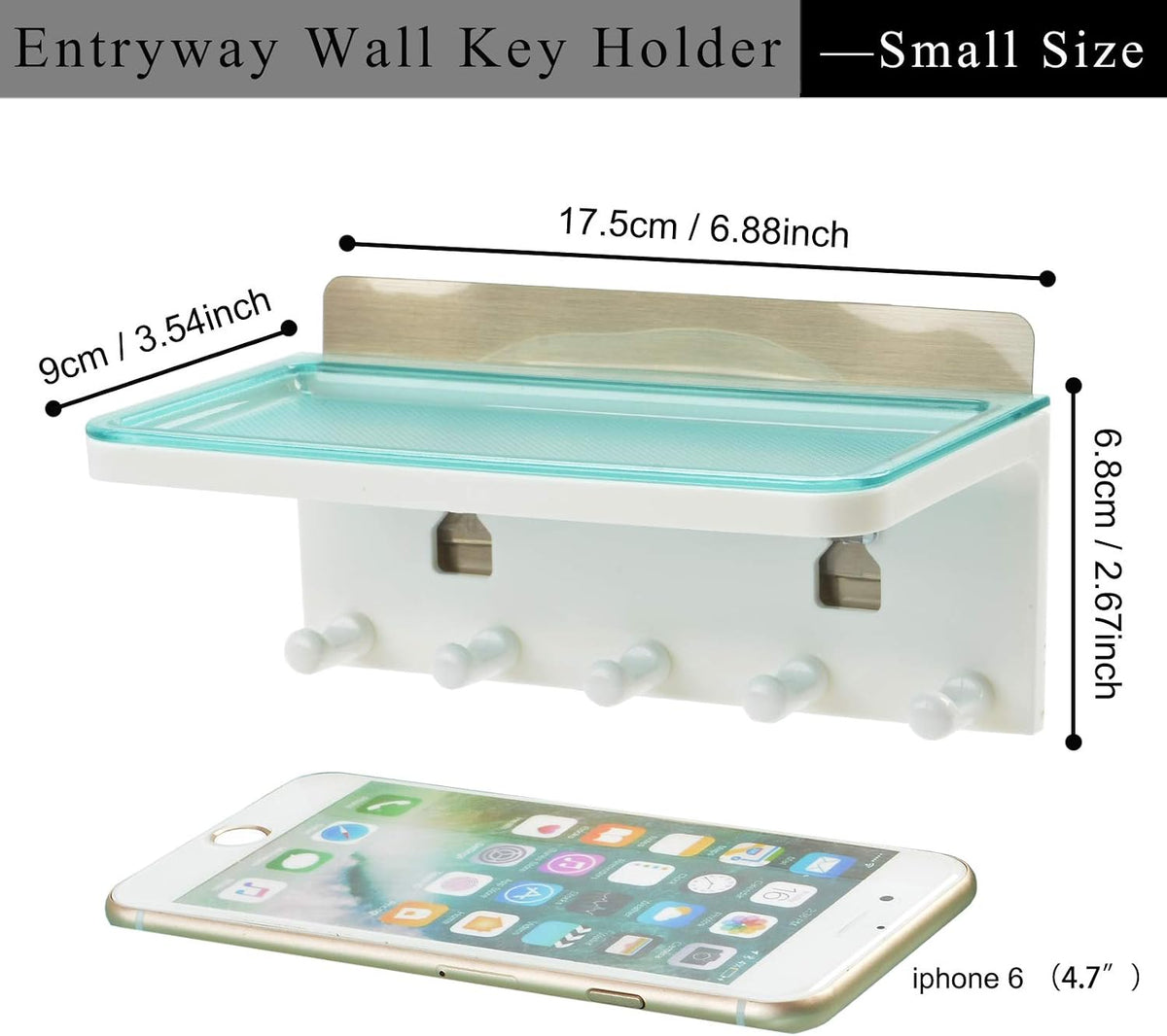 JDYOOMI Wall Mount Entryway Storage Organizer Small Stick On Key Holder Mail Letter Sorter Adhesive Wall Shelf with 5 Hooks -Leash,Keys Holder for Entryway,Mudroom,Hallway,Kitchen(Gray)