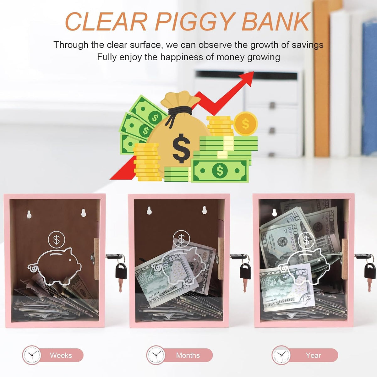Clear Piggy Bank with Lock, Large Money Saving Jar Money Bank Box Container for Cash Saving, Openable Clear Money Coin Change Bank Jar Container Penny Piggy Jar Bank for Adults Kids, Pink