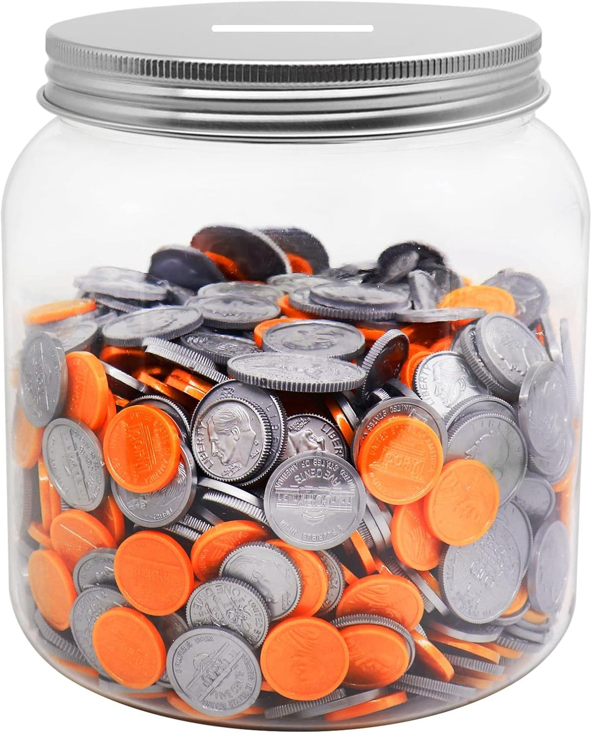 Large Coin Jar Bank, Big Clear Plastic Coin Money Tip Change Saving Piggy Jar with Silver Slotted Lid, Large Plastic Coins Piggy Money Change Clear Bank Jar for Adults Teens Kids Girls Boys