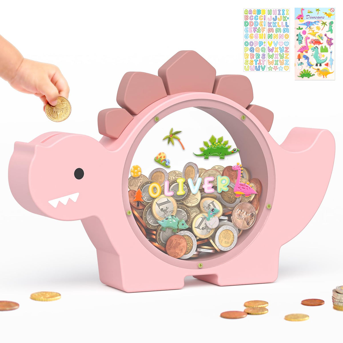 Summidate Wooden Dinosaur Piggy Bank, Large Clear Money Bank for Kids Boys