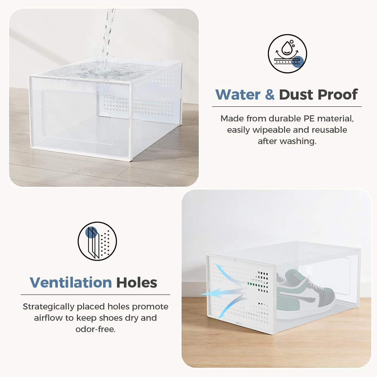 DUMOS Shoe Storage Boxes, 12-Pack Stackable Clear Shoe Containers with Lids, Display Sneaker Case Organizer for Closet, Under Bed, Entryway,White, Fit Size 11
