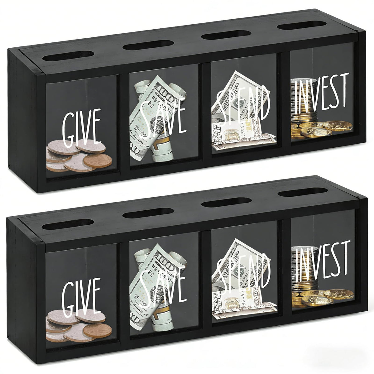 2 Pcs Piggy Bank for Kids Girls Boys, Wooden Give Save Spend Bank for Money Saving Box, Rustic Coin Banks for Adults, Change Coin Jar for Piggy Bank Toy, Early Ideas for Kids