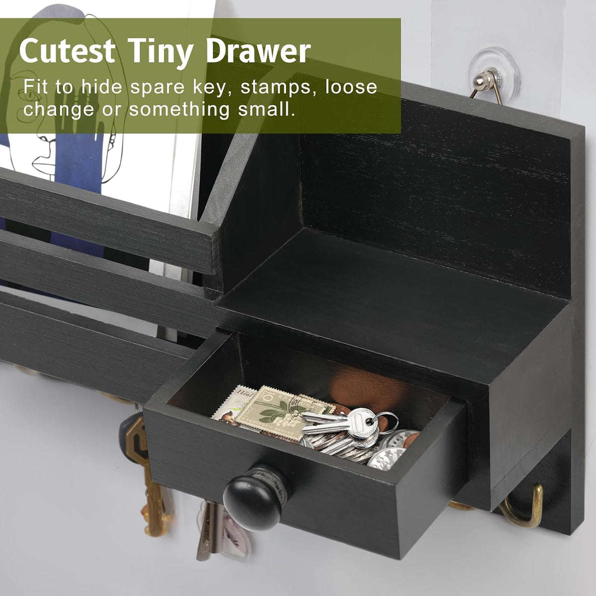 Key Holder Wall Mount, Wooden Key and Mail Organizer, Black