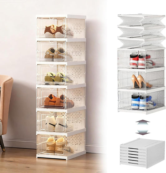 Stackable Clear Shoe Storage Organizer,Foldable Shoe Boxes with Front Opening,Space‑Saving Vertical Shoe Rack for Closet,Entryway,Bedroom,Transparent Shoe Holder for Footwear.