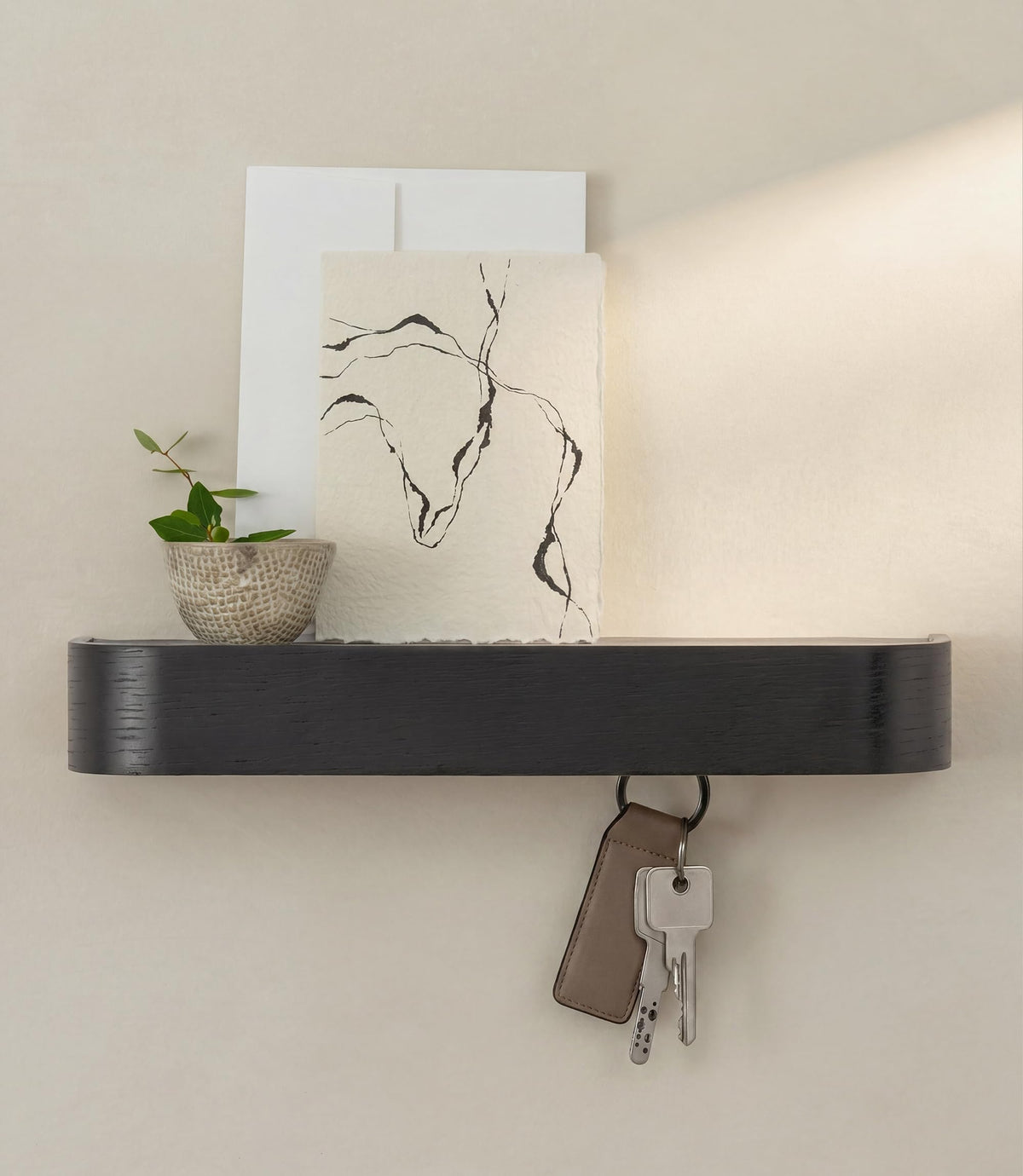 Kazai. Key Holder 'Toke' | Minimalist Key Hook Design from Berlin | Modern Key Holder Wall Mount with Wooden Shelf | Key Rack for Wall as Entryway Organizer | Oak
