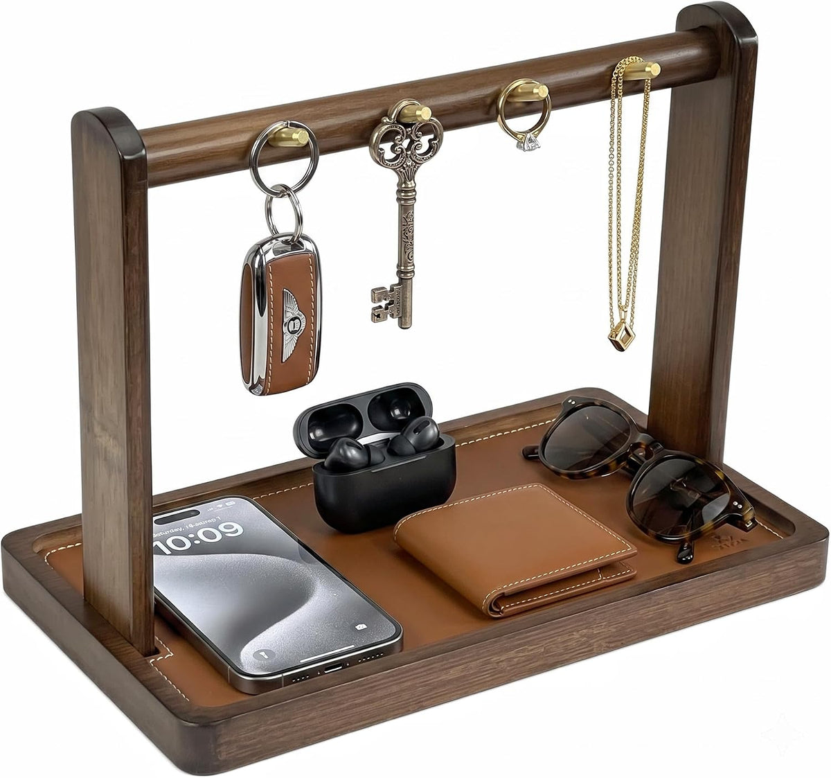 Bamboo Valet Tray with Hooks- Men's EDC Key Tray