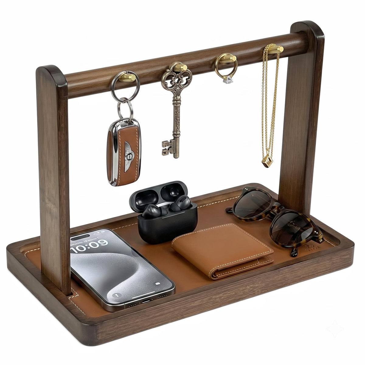 Bamboo Valet Tray with Hooks- Men's EDC Key Tray