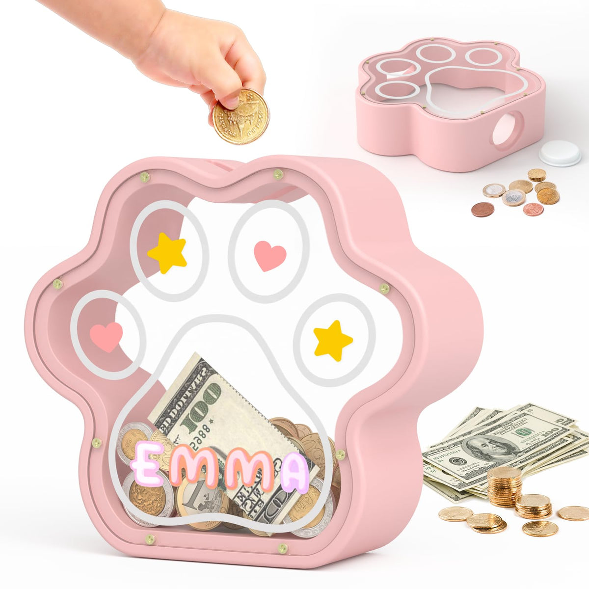 KMC Wooden Piggy Bank for Kids, Natural Cat Dog Paw Coin Bank with Stickers