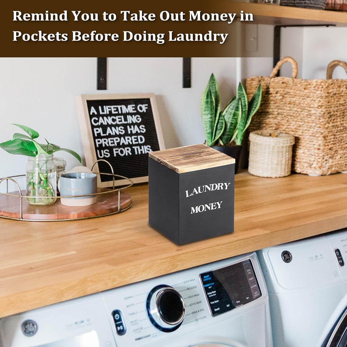 Wooden Piggy Bank for Laundry Room, Rustic Coin Jar with Money Slot