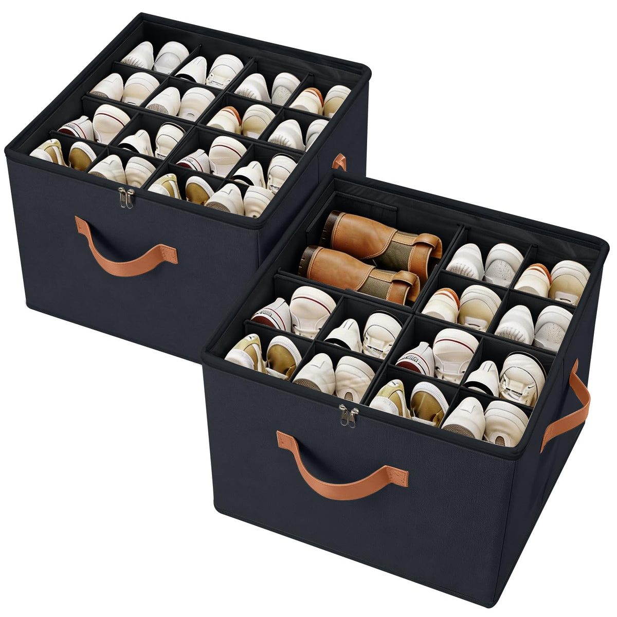 2 Pack Shoe Organizer Box – Large Capacity Shoe Storage Organizer with Transparent Cover & Flexible Dividers, Fits 16-32 Pairs, Fabric Shoe Storage Organizer Box, Entryway, Dorm