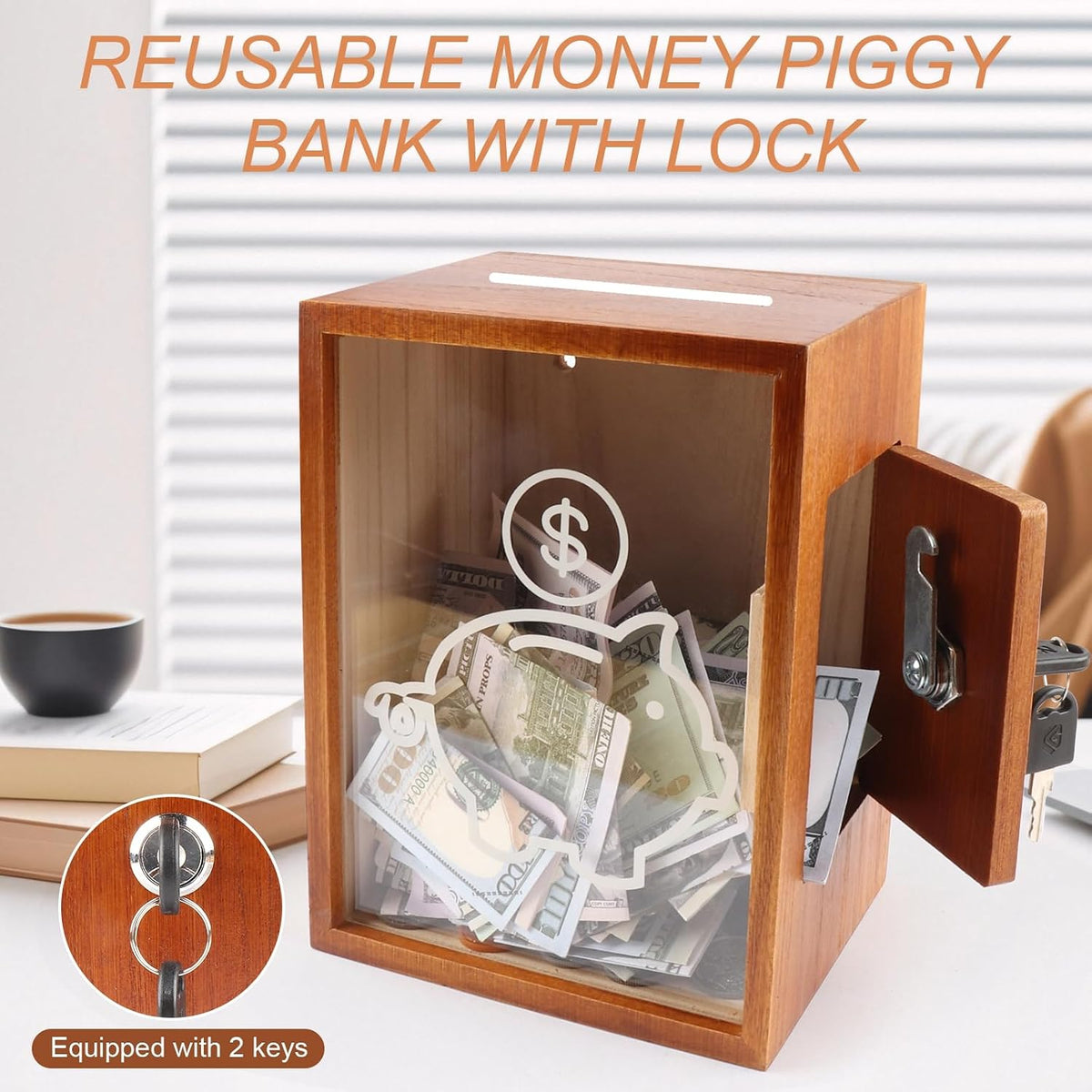 Clear Piggy Bank with Lock, Large Money Saving Jar Money Bank Box Container for Cash Saving, Openable Clear Money Coin Change Bank Jar Container Penny Piggy Jar Bank for Adults Kids, Brown