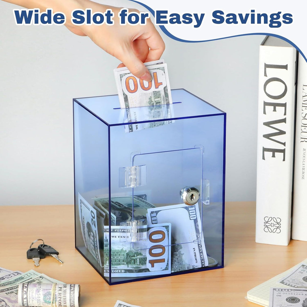 Imeepa Clear Acrylic Piggy Bank with Lock & Key, Money Box - Blue