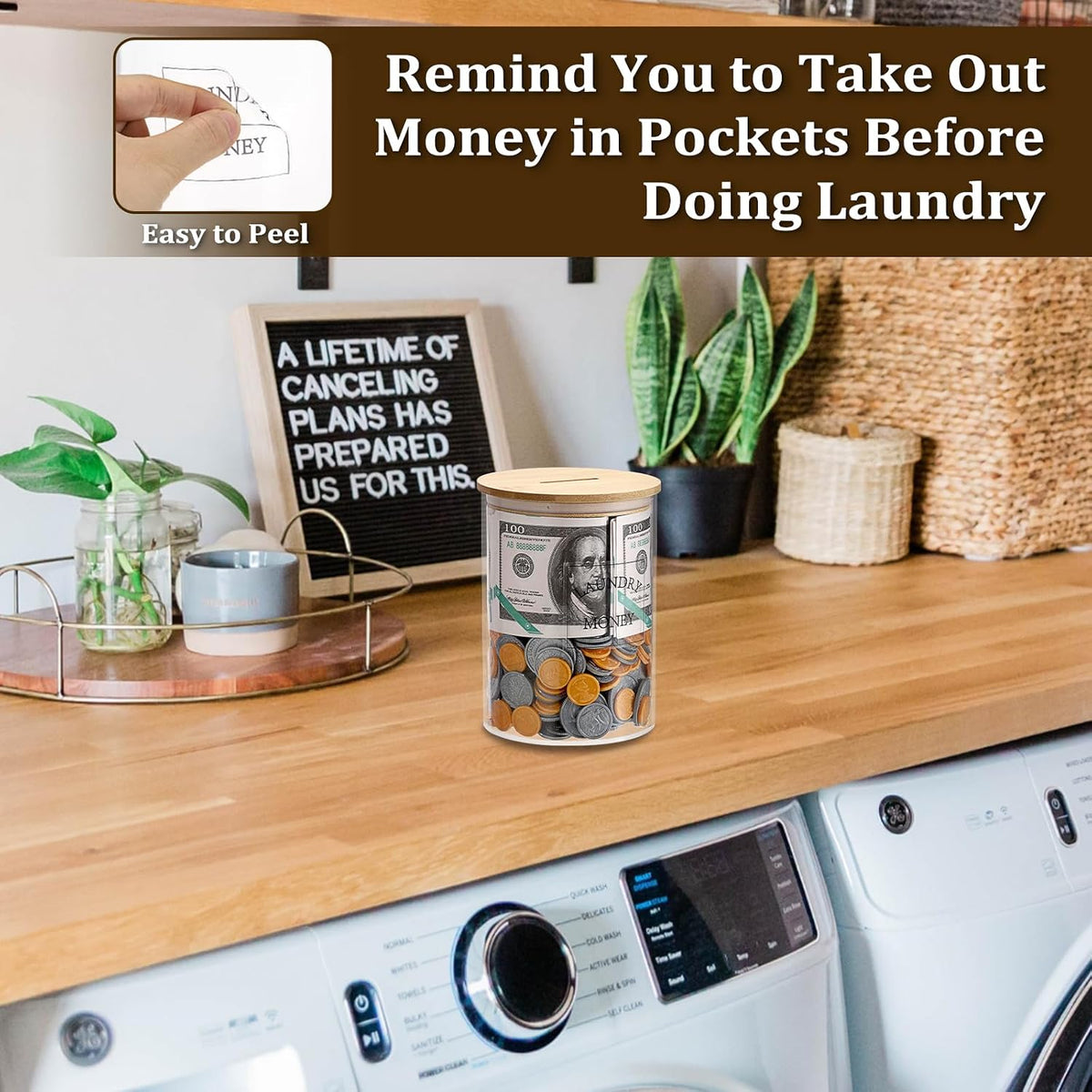Laundry Room Coin Bank Jar with Money Slot and Wooden Lid for Adult