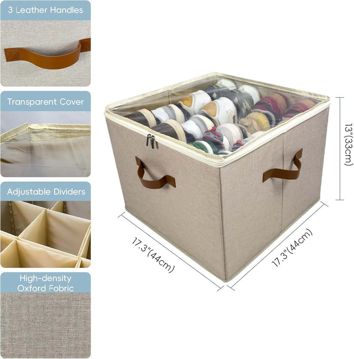 2 Pack Shoe Organizer Box – Large Capacity Shoe Storage Organizer with Transparent Cover & Flexible Dividers, Fits 16-32 Pairs, Fabric Shoe Storage Organizer Box, Entryway, Dorm