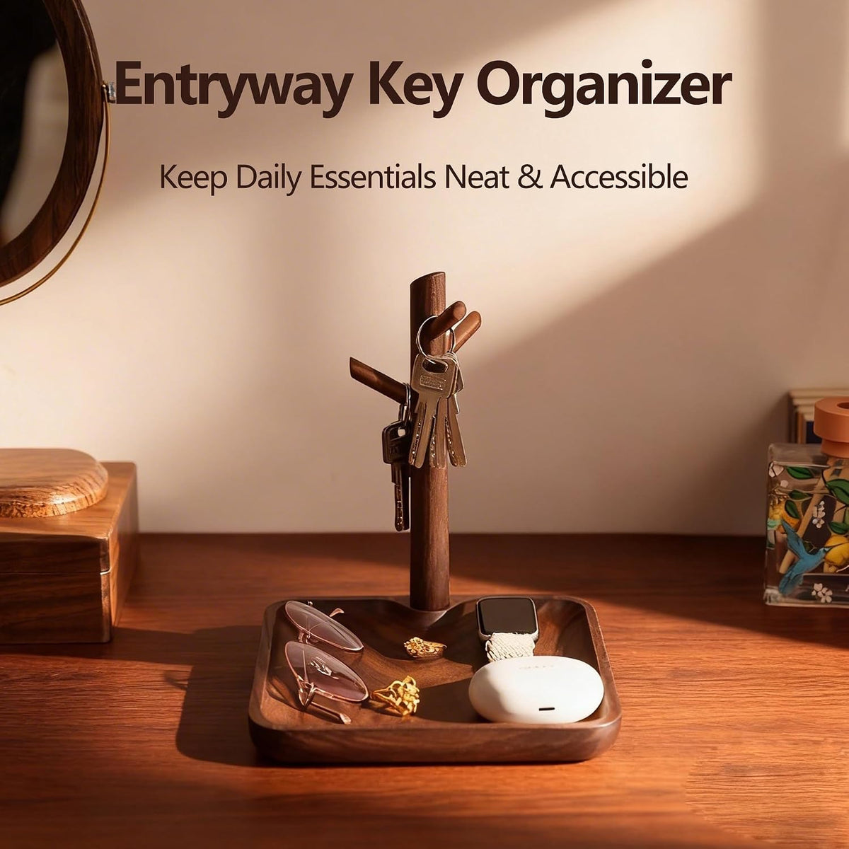 Solid Black Walnut Wooden Key Tray, Key Bowl for Entryway Table