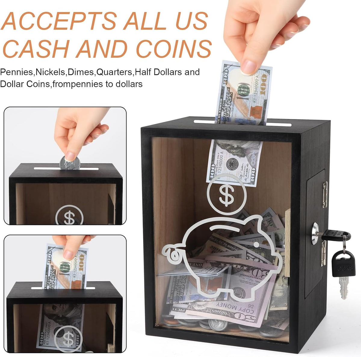 Clear Piggy Bank with Lock, Large Money Saving Jar Money Bank Box Container for Cash Saving, Openable Clear Money Coin Change Bank Jar Container Penny Piggy Jar Bank for Adults Kids, Black