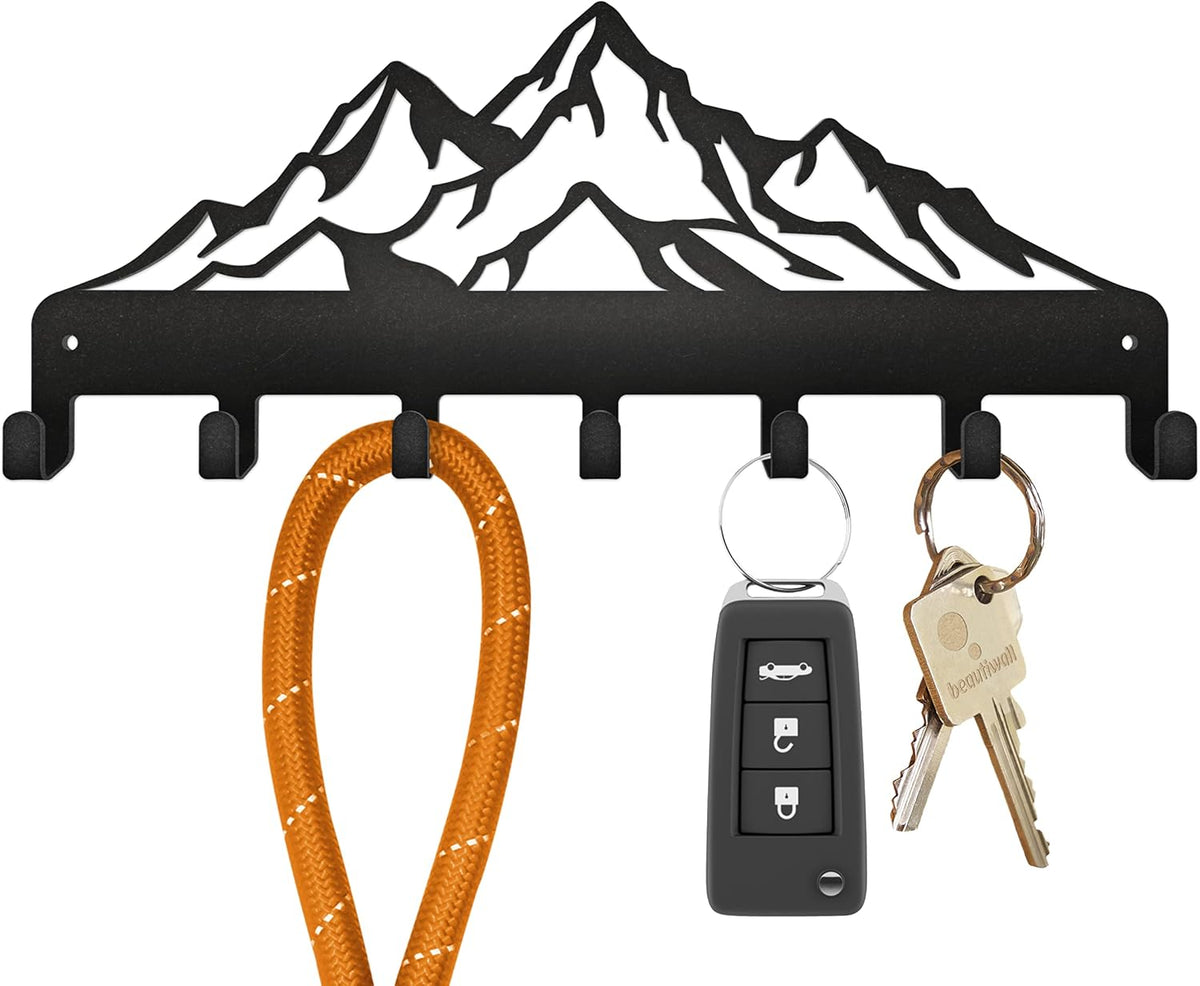 Key Holder Steel Metal Wall Key Hanger with Hooks for car, Apartment, Storage, Keys Black. Adhesive Tape Included.