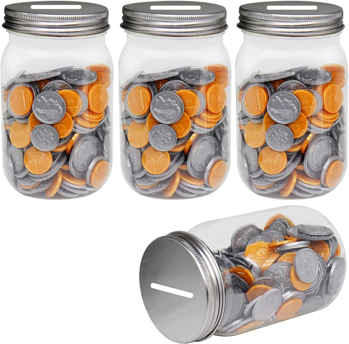 Small Coin Bank Jars 4-Pack, 16oz Clear Plastic Coin Money Tip Coin Jars with Silver Slotted Lids, Small Clear Plastic Coin Money Piggy Banks Mason Jars for Adults Teens Kids Girls Boys