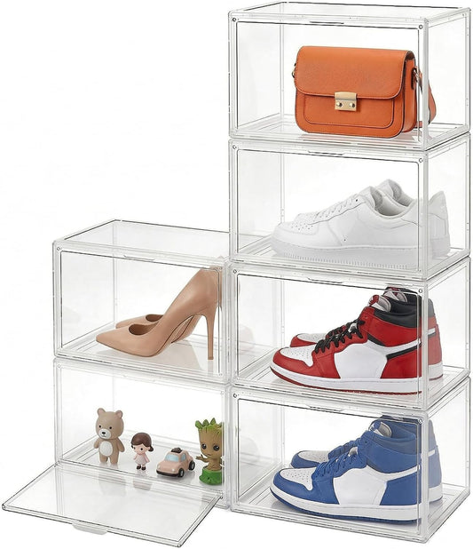 X-Large Shoe Organizer 6-Pack, Stackable White Transparent Acrylic Shoe Boxes with Ventilation, Dustproof Storage for Sneakers/Heels Main-Opening