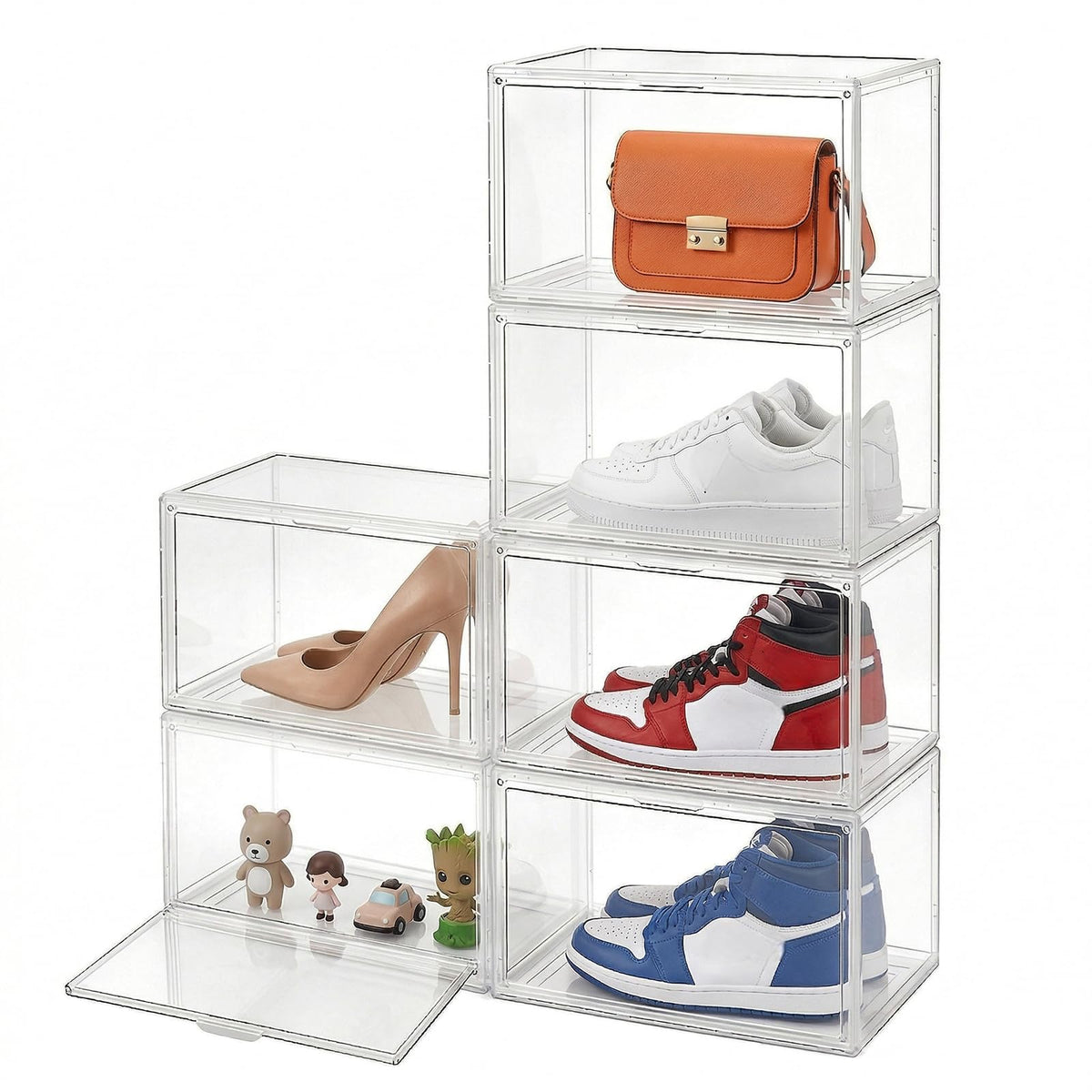 X-Large Shoe Organizer 6-Pack, Stackable White Transparent Acrylic Shoe Boxes with Ventilation, Dustproof Storage for Sneakers/Heels Main-Opening
