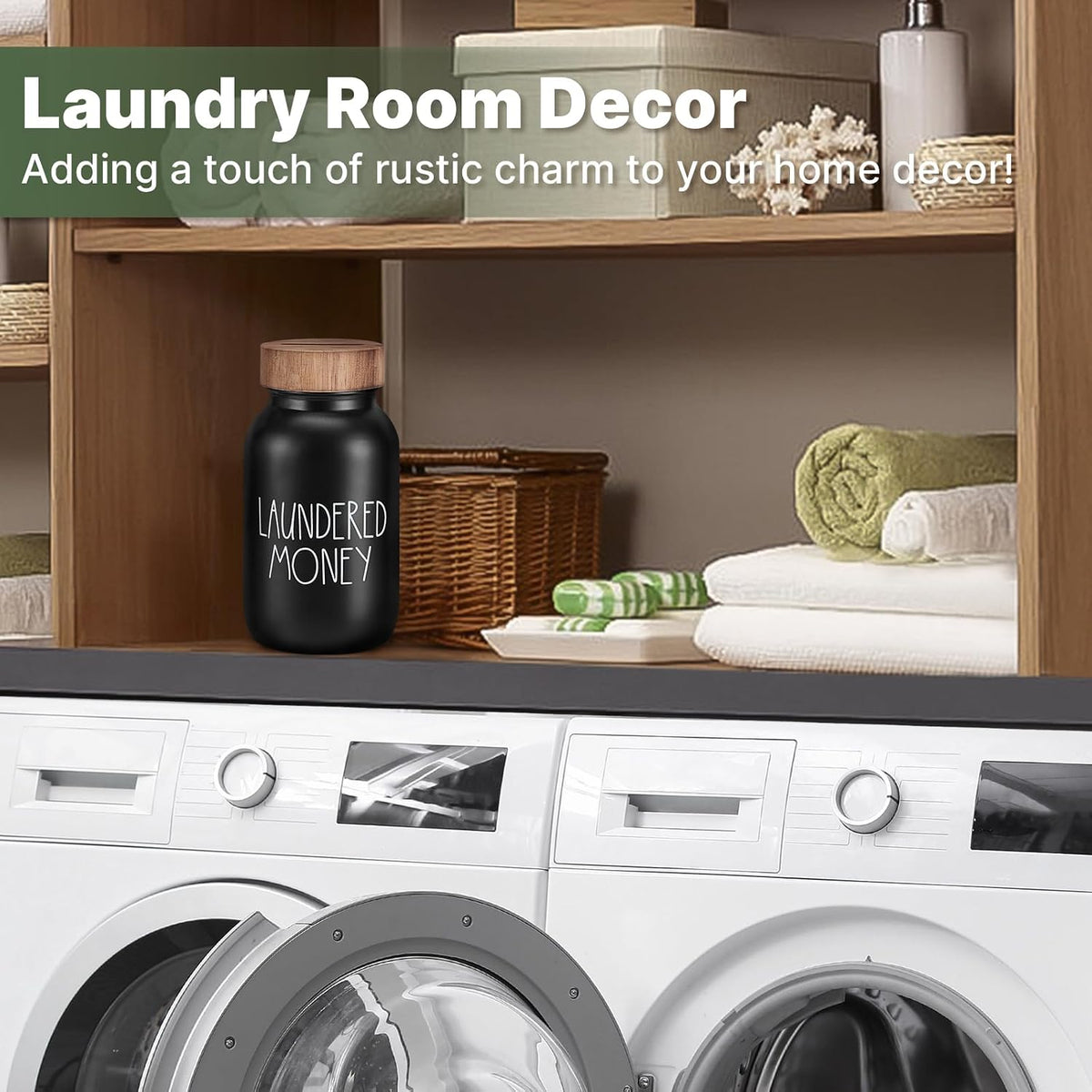 Laundry Room Decor Organization, Mason Jar Coin Bank with Wood Lid
