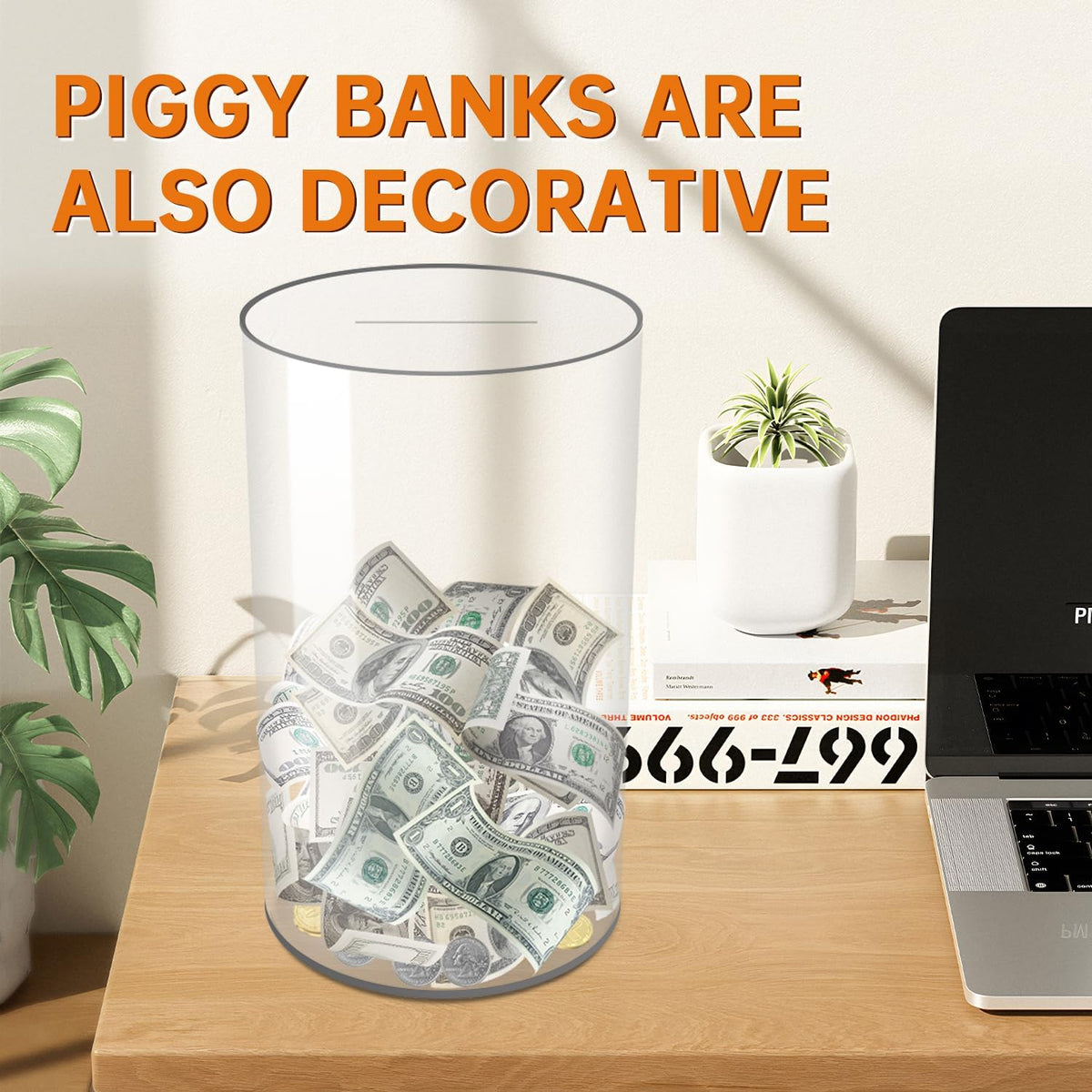 (10" H x 6" D) Large Clear Piggy Bank, Acrylic Piggy Bank for Adults Must Break to Open, Unopenable Money Saving Box for Boys Girls Birthday Gift