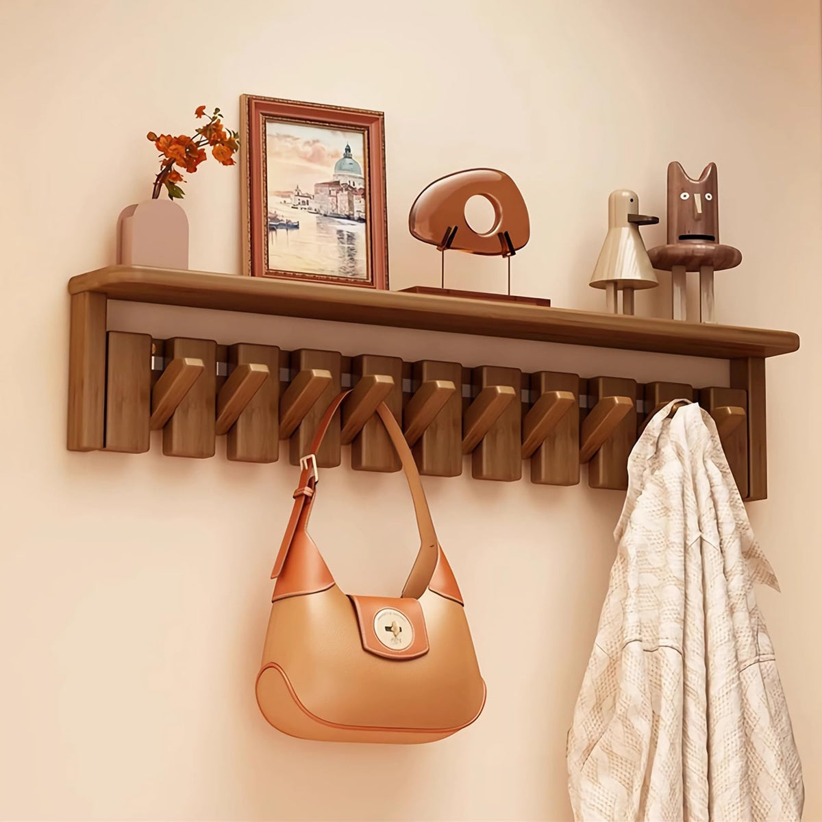 Paint Wood Wall Mounted Coat RackHooks Piano Key Hangers Natural Solid Wood Hanger Non-Woven Fabric Clothes Hangers for Closet, Kitchen, Bedroom, Bathroom, Entryway (Walnut-Beech, 8 Hooks)