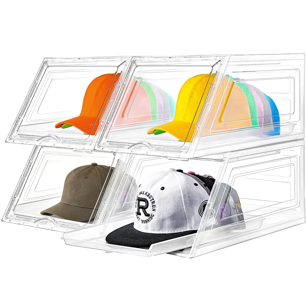 Stackable Clear Hat Organizer for Baseball Caps with Sliding Drawer