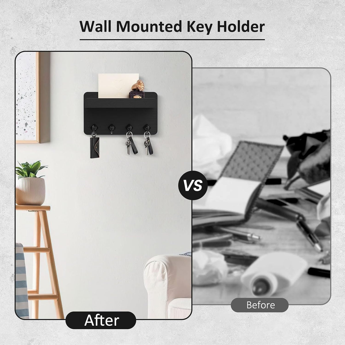 Nekon Key Holder Wall Mount, 8.5 Inch Small Wooden Wall Organizer, Black