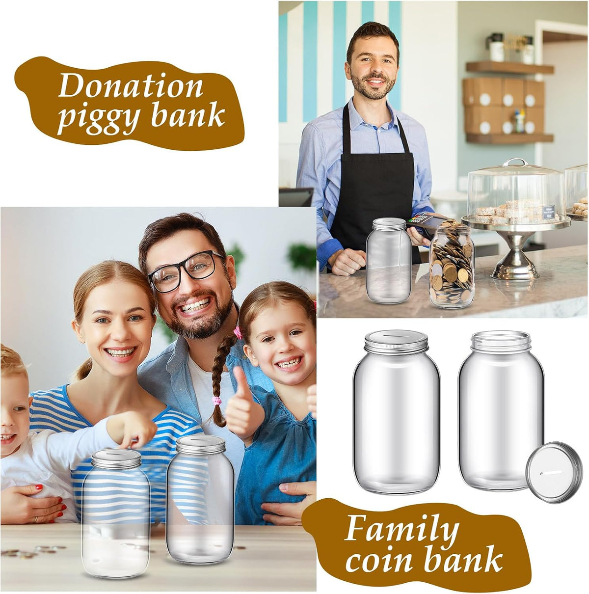 Skylety 2 Pack Large Clear Glass Coin Bank with Slotted Silver Lid - Adults Money Saving Tip Jar for Kids Raffle Ticket Drawing Fund Box