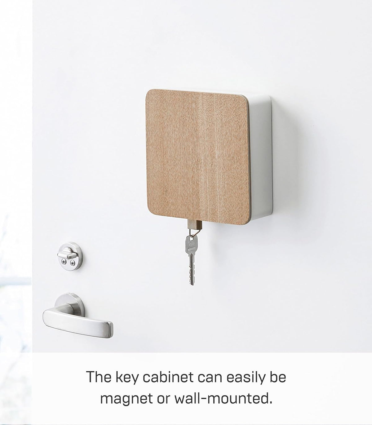 YAMAZAKI Home Rin Square Magnetic Key Cabinet - Wood Accented Keychain Organizer - Steel + Wood