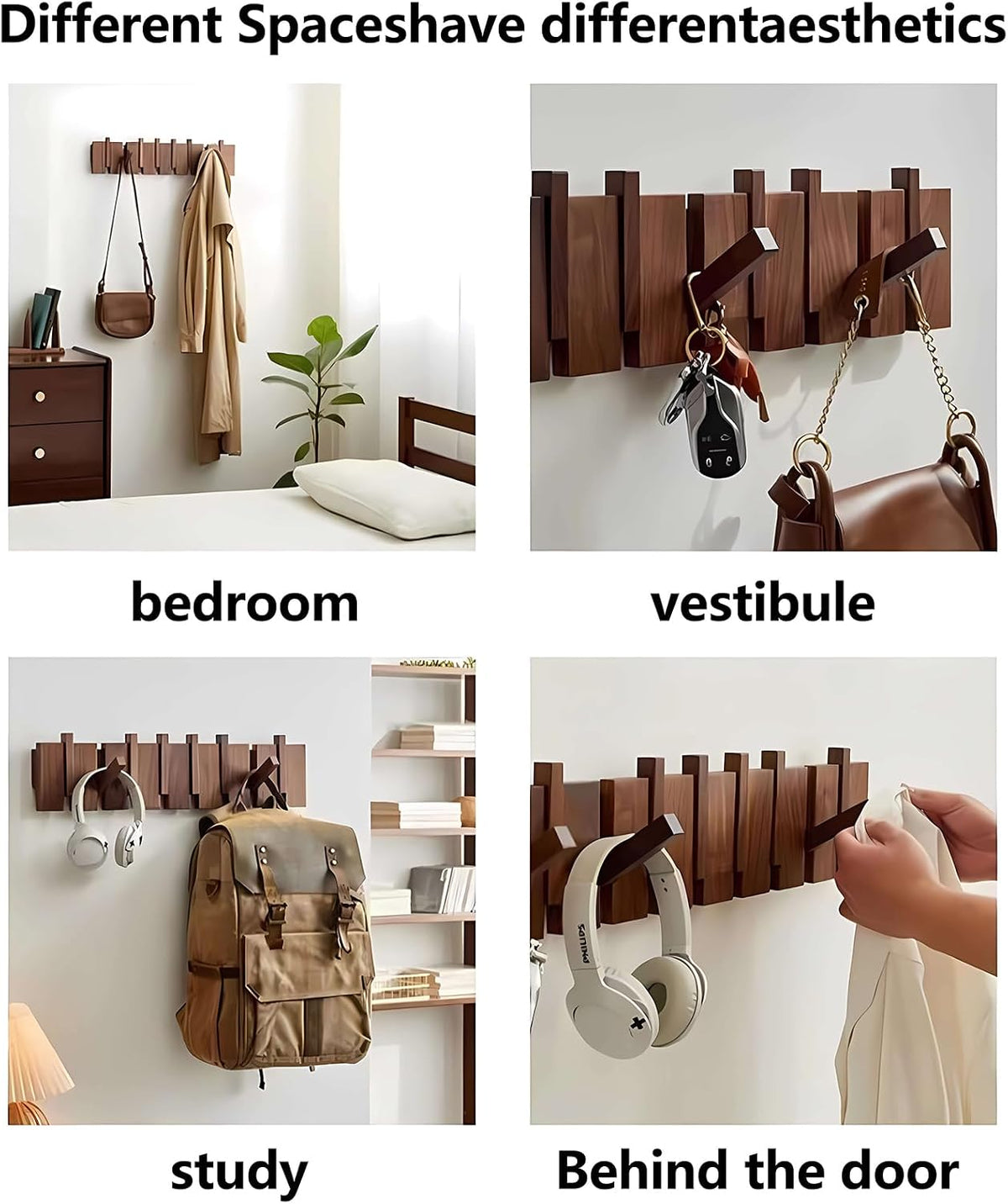Paint Wood Wall Mounted Coat RackHooks Piano Key Hangers Natural Solid Wood Hanger Non-Woven Fabric Clothes Hangers for Closet, Kitchen, Bedroom, Bathroom, Entryway (Walnut-Beech, 8 Hooks)