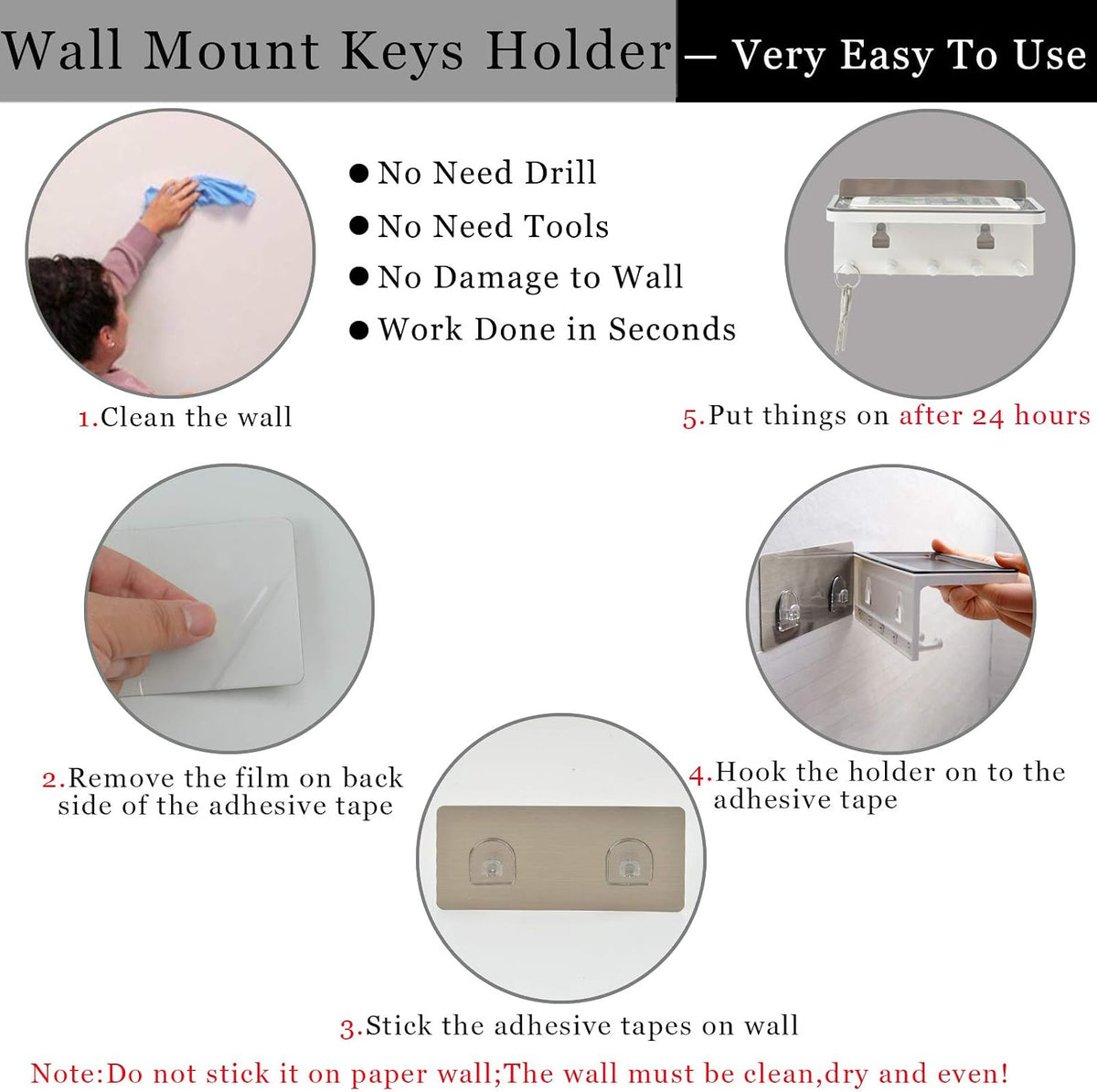 JDYOOMI Wall Mount Entryway Storage Organizer Small Stick On Key Holder Mail Letter Sorter Adhesive Wall Shelf with 5 Hooks -Leash,Keys Holder for Entryway,Mudroom,Hallway,Kitchen(Gray)