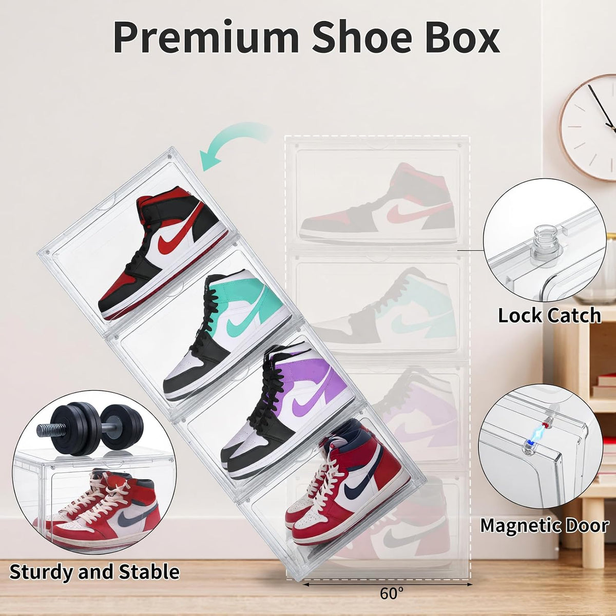 Large Clear Shoe Storage Boxes Stackable, 8 Pack Hard Plastic Shoe Storage Organizer with Magnetic Door, Shoe Container Sneaker Storage Display Case Fit up to US Size 13 Clear