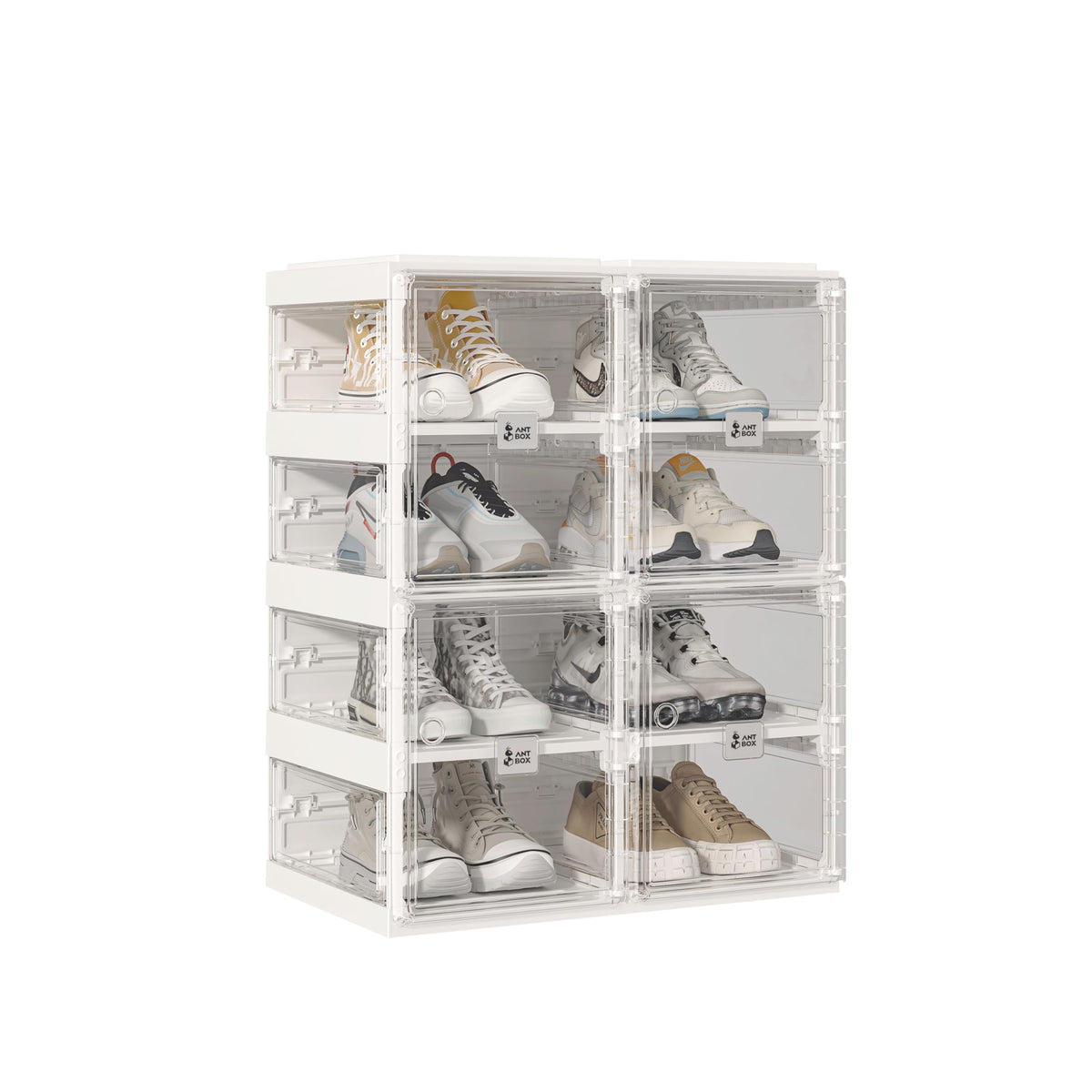 ANTBOX Foldable Shoe Rack,Shoe Organizers for Closet Plastic Shoe Storage Box Space Saving for Entryway, Large Sturdy Stackable Sneaker Cabinet Bins with Magnetic Clear Door 8 Tiers 16 Pairs