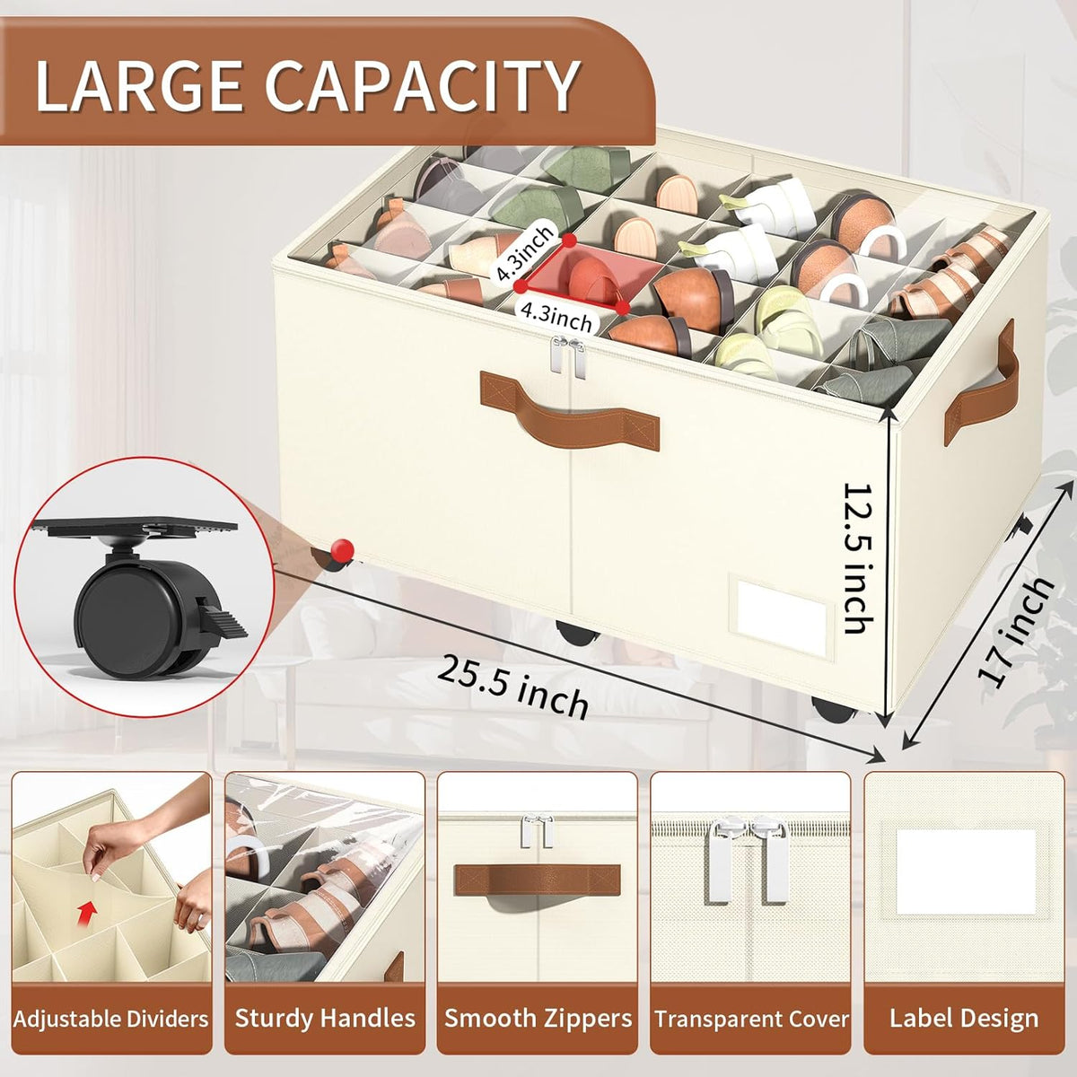 Foyego Shoe Organizer for Closet, Shoe Storage with Wheels, Beige