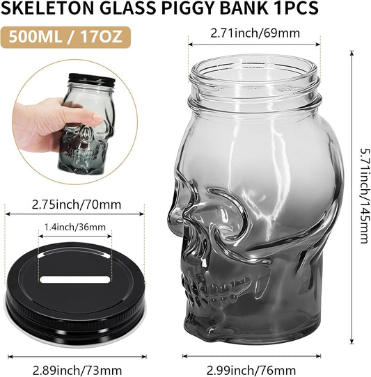 1Pack 16 OZ Skull Glass Coin Bank with Metal Lid, Clear Glass Skull Money Jar with Coin Slot, Decorative Savings Jar, Halloween & Home Décor (Black)