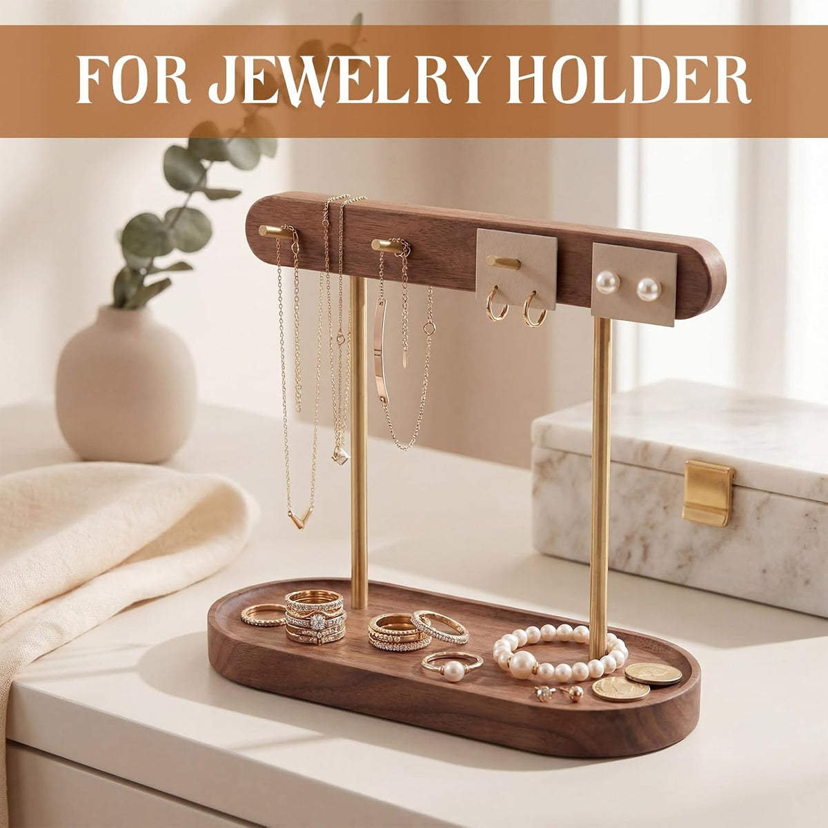 RattanView Solid Walnut Entryway Key Holder for Table, Mid-Century Key Stand with Tray, Wood Keys Holder with 4 Hooks, Jewelry Tray & Dish for Wallet Rings Catchall