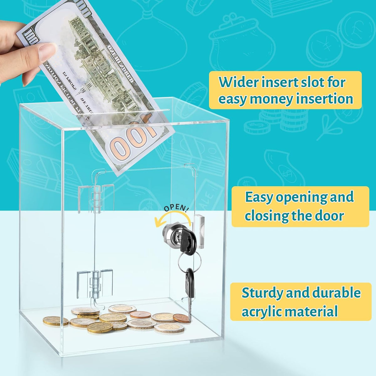 Clear Piggy Bank with Lock & Key for Adults Kids, Acrylic Money Saving Box