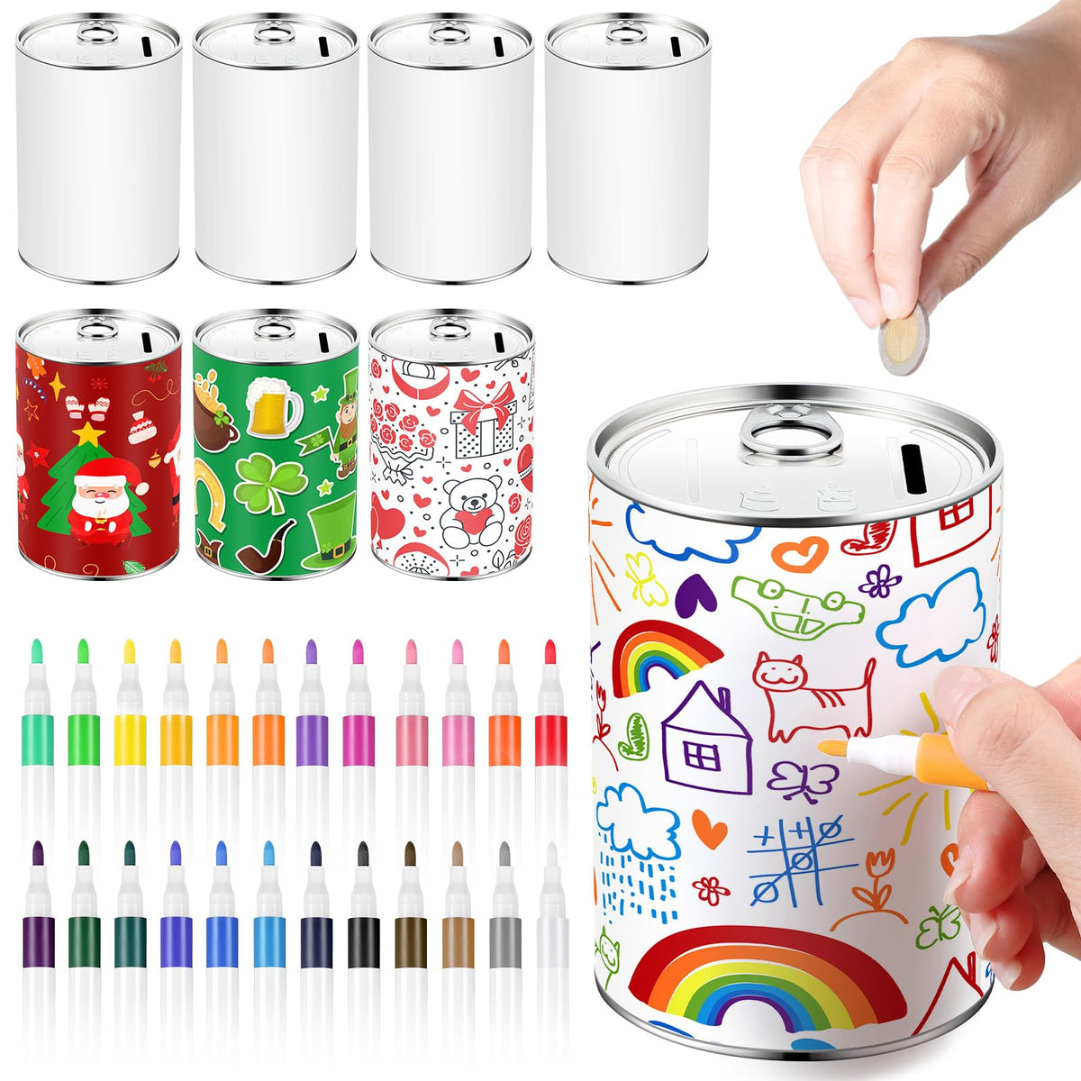 Tandefio 16 Pcs Kids DIY Coin Piggy Bank Metal Craft 24 Marker, White