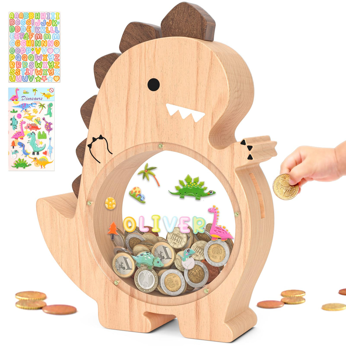 Summidate Wooden Dinosaur Piggy Bank, Large Clear Money Bank for Kids Boys