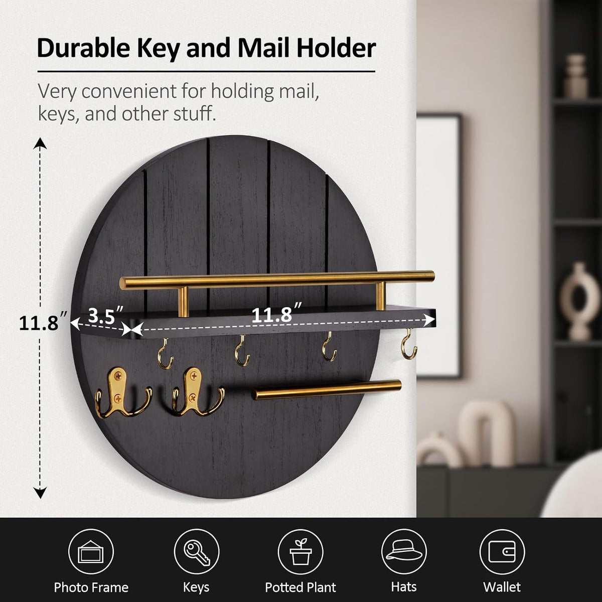 Nekon Key Holder Wall Mount, 11.8” Wood Mail Organizer for Wall, Black