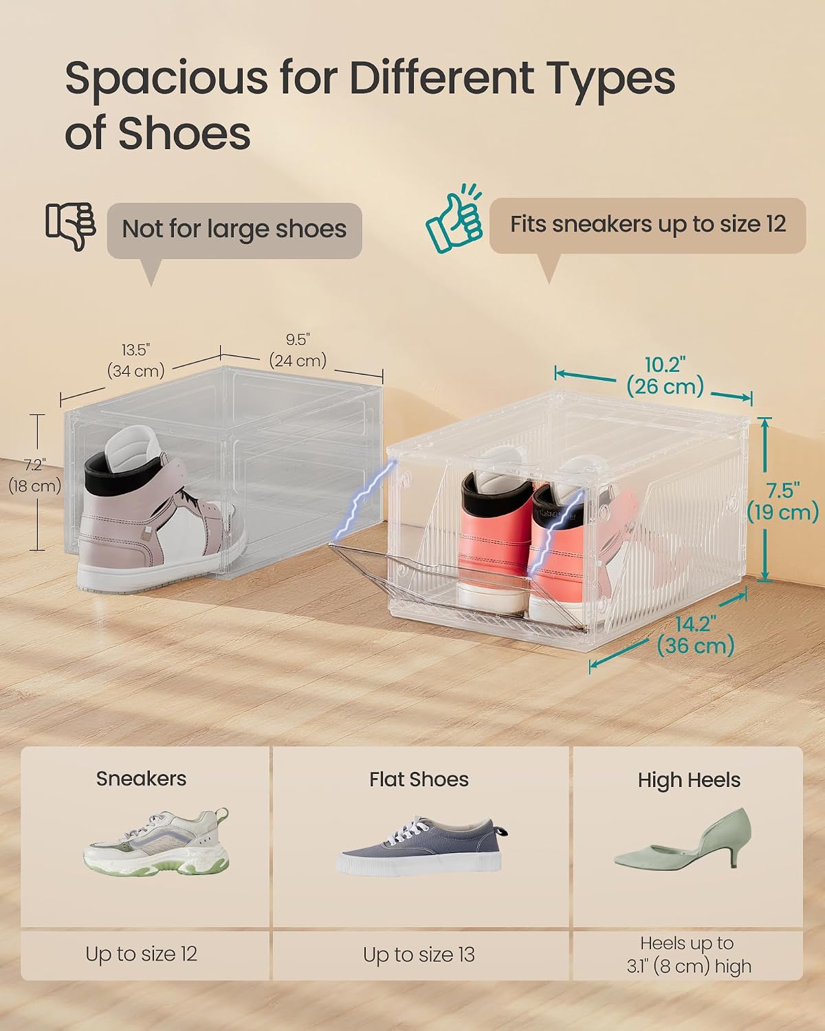 SONGMICS Shoe Boxes with Magnetic Doors, Set of 6, Fit up to US Size 12