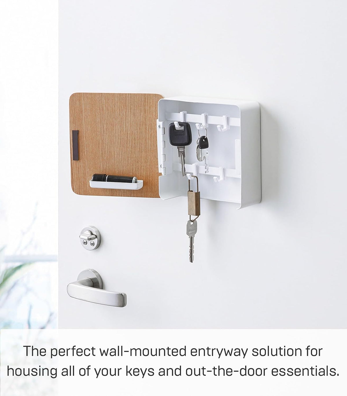 YAMAZAKI Home Rin Square Magnetic Key Cabinet - Wood Accented Keychain Organizer - Steel + Wood