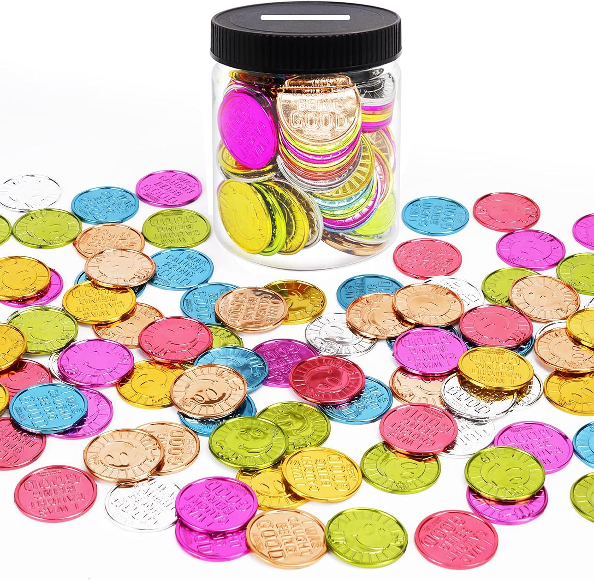 I was Caught Being Good Coins Tokens-100 Pcs, Colorful Plastic Reward Incentive Behavior Pretend Play Coins with Reward Jar, Reward Plastic Play Incentive Tokens for Kids Behavior