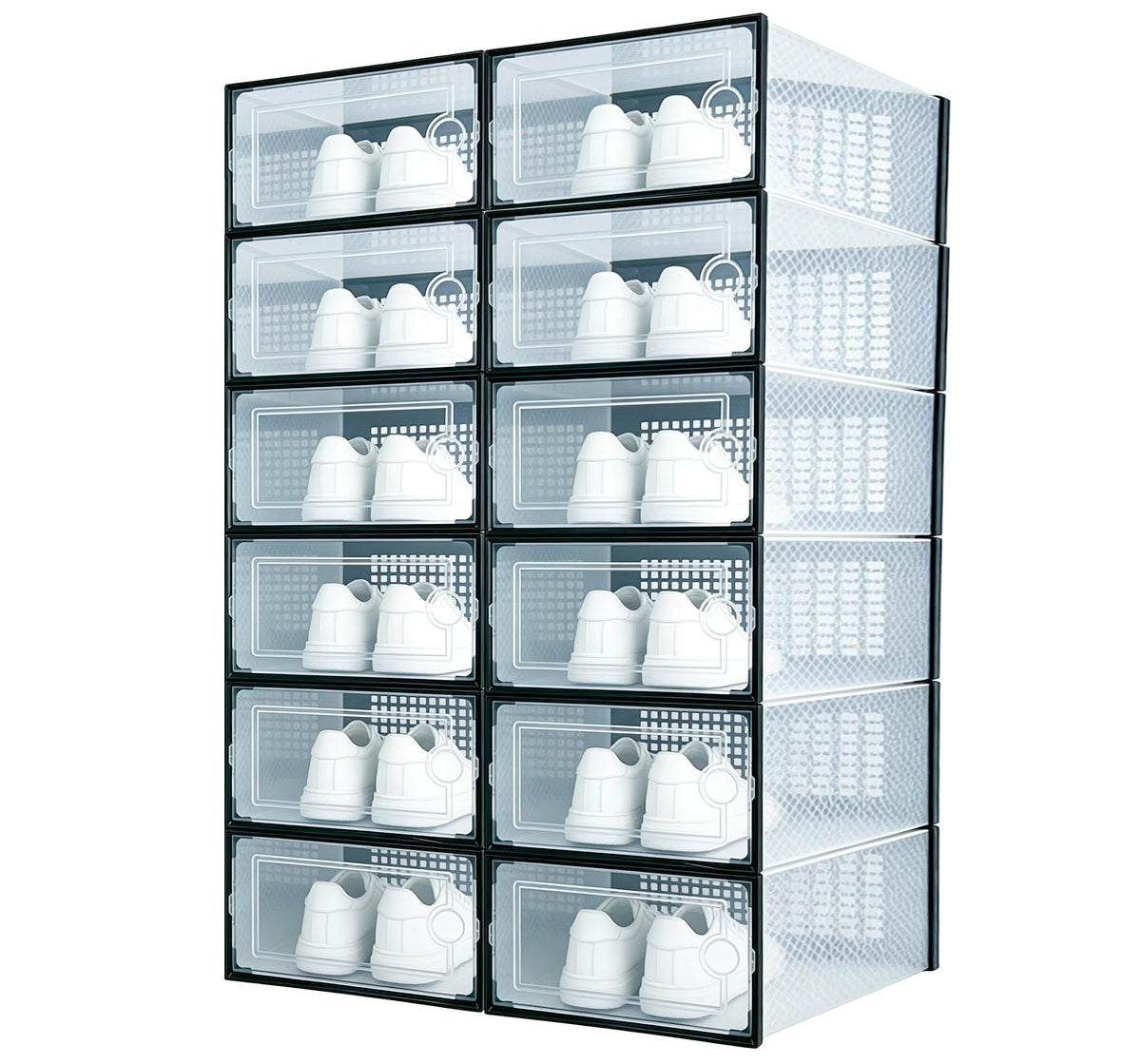 12 Pack Shoe Storage Boxes, Clear Plastic Stackable Shoe Organizer for Closet, Foldable Shoe Rack with Lids for Entryway, Closet, Under Bed, Black (13 x 9.1 x 5.5inches)